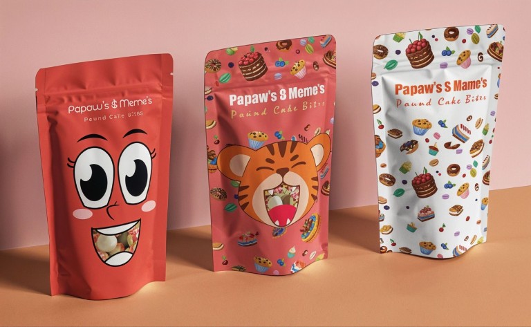 Custom printed flexible stand-up pouches with vibrant designs and window cut-outs for food packaging
